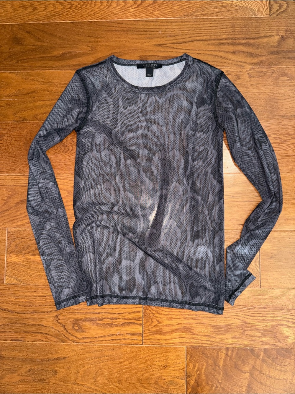 AllSaints Black Gray Patterned Long Sleeve Mesh Top